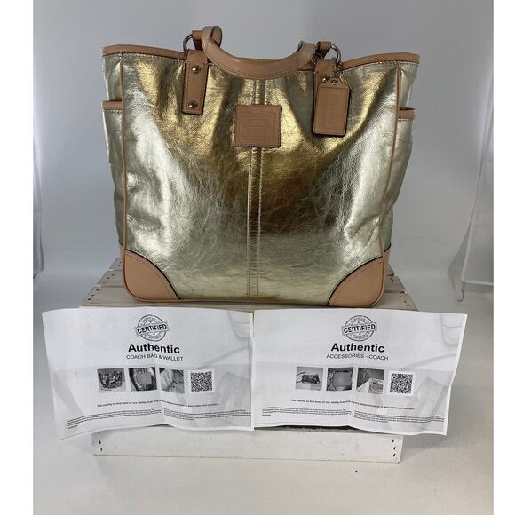 COACH METRO 26141E METALLIC GOLD LEATHER XL TOTE WEEKEND BAG - Picture 1 of 16